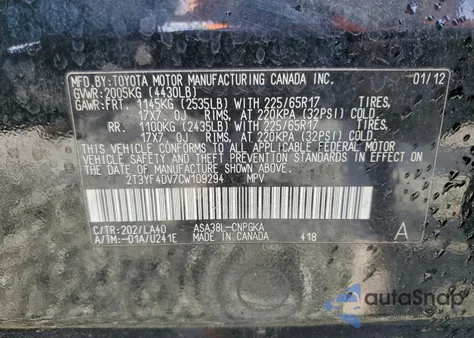 2012 Toyota Rav4 Limited из США, поврежденный, VIN 2T3YF4DV7CW109294